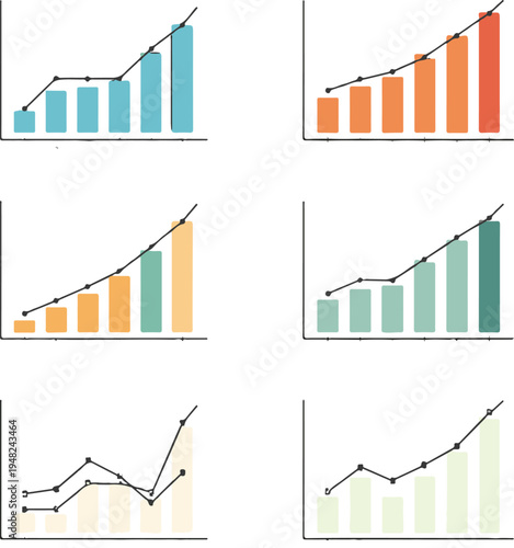 Set of business graphs charts and icons with arrows showing financial growth data analysis and market success concept in vector illustration style