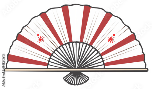 Traditional Japanese handheld fan with red and white stripes and decorative accents