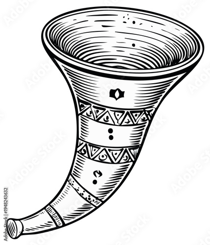 Illustration of a stylized traditional horn instrument with intricate etched design and detail