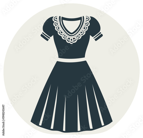 Elegant silhouette of a vintage style dress within a neutral circle
