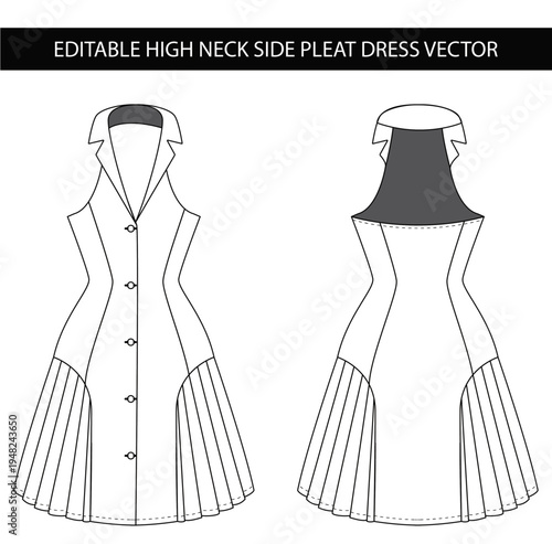 High Neck Side Pleat Dress Vector Technical Fashion Flat Front and Back Garment Illustration Elegant Womenswear Sewing Pattern Template for Fashion Designers Students Lecturers and Apparel Industry