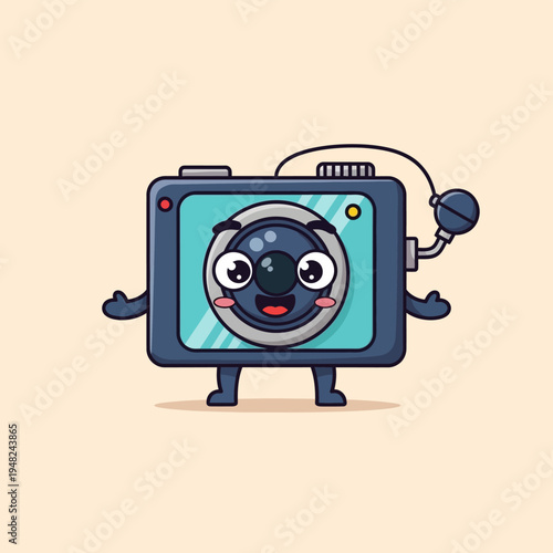 Cartoon Camera Character with Smiling Lens.