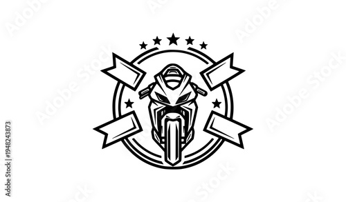 Motorcycle logo template vector illustration with badge and ribbon emblem isolated on white background