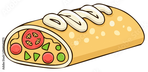 Fresh Mexican burrito wrap with vegetables and sour cream topping cartoon illustration