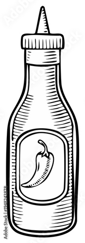 Bottle of hot sauce with chili pepper etching illustration food condiment packaging design