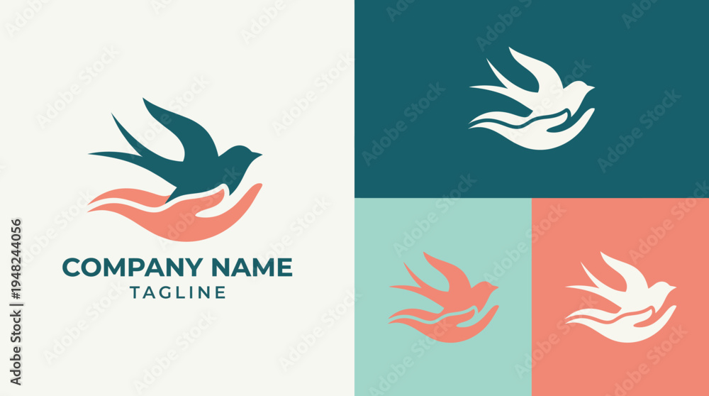 Fototapeta premium This logo creatively combines a bird and a hand, symbolizing care and support. The design evokes emotions of protection and unity, perfect for community-focused brands.
