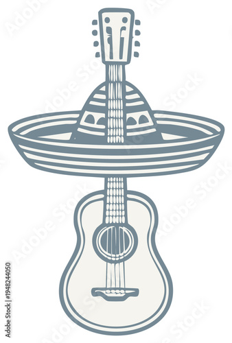 Acoustic guitar adorned with a traditional sombrero representing Mexican music and culture