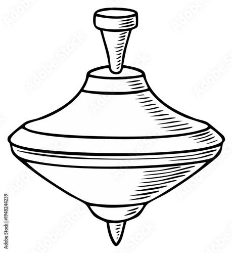 Vintage style drawing of a classic spinning top toy in motion with hatched shading