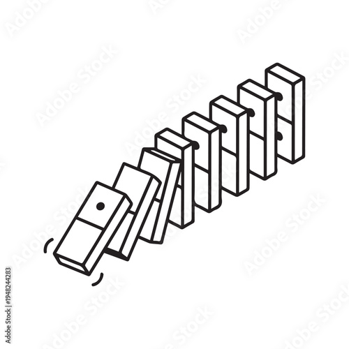 Isometric line art illustration of falling dominoes causing a chain reaction
