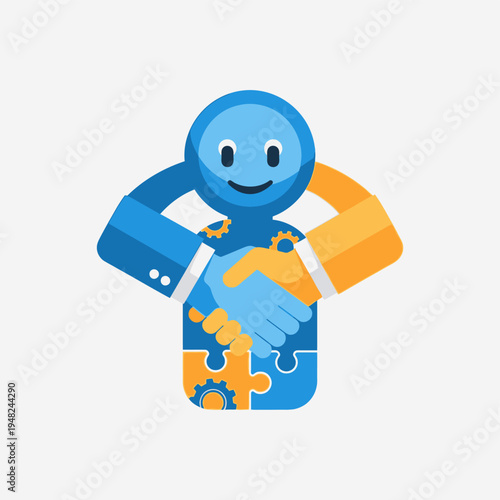 Cartoon Character Shaking Hands with Puzzle Piece.