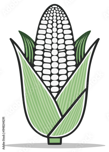 Illustration of a stylized corn on the cob with green husks, a healthy food choice.