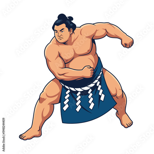This illustration features a powerful sumo wrestler in an action pose, highlighting the sport's dynamics, strength, and cultural significance in Japanese tradition and athleticism.