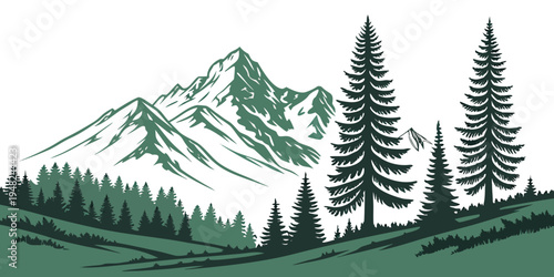 a mountain landscape with trees and a snow-capped peak Vector