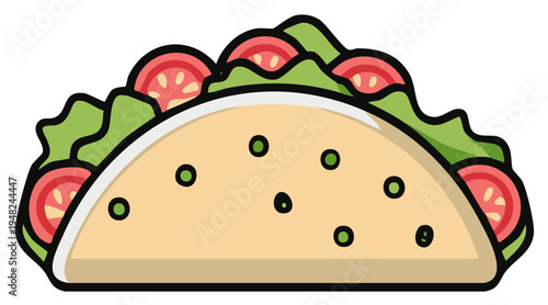 Delicious Taco with Fresh Tomatoes and Lettuce. Savory Traditional Mexican Cuisine. Appetizing Meal Illustration