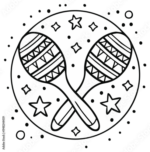 Maracas Rhythm Music Instruments Round Design with Stars, Latin Sounds, Mexican Music, Musical Instrument Icon