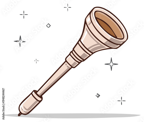 Illustration of a stylized antique brass horn with a flared bell and a slender tube