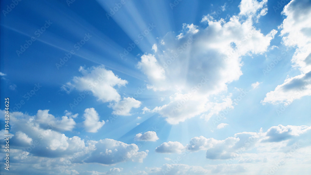 Fototapeta premium Vibrant sunny sky with white clouds and sun rays
