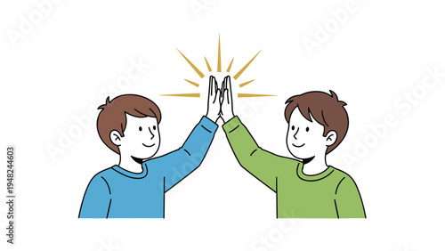 Two young men giving each other a joyful high five celebration as a sign of success, teamwork, and friendship in a simple flat style.