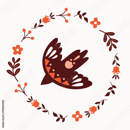 Decorative illustration of a bird in the Scandinavian folk style, wearing a floral wreath. Nordic inspired illustration perfect for textile, packaging and wall art