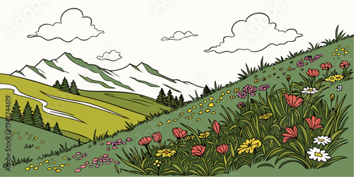 a scenic view of a green hillside with colorful flowers Vector