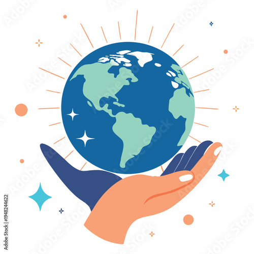 Stylized illustration of a hand cradling the Earth globe with sun rays and stars on white background