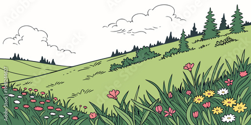 a green hillside with colorful flowers and trees Vector