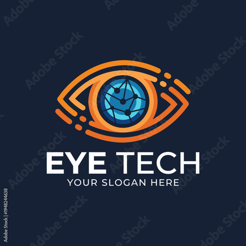 A futuristic eye graphic incorporates a digital globe symbolizing vision, technology, innovation, and connectivity in a modern artistic style.