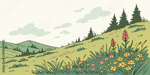 a serene landscape with a hill covered in wildflowers and trees Vector