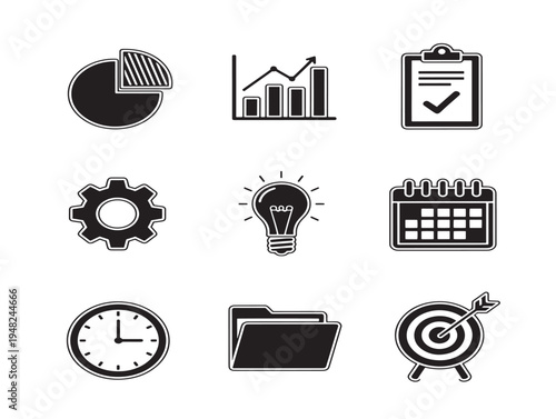 Dynamic productivity dashboard icons with engaging workflow and achievement silhouette designs