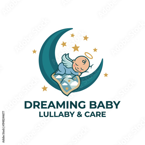 The artwork features a cute baby sleeping peacefully on a crescent moon, surrounded by stars, invoking a sense of tranquility and nurturing perfect for lullaby themes.