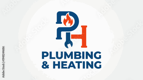 A modern logo design showcasing plumbing and heating elements, combining tools and flames, highlighting the service aspects of plumbing solutions for homes and businesses.