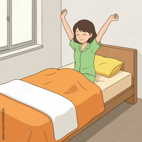 A cheerful young girl stretches in her bed, embracing the morning light and feeling refreshed, showcasing a bright start to the day and the joy of waking up.