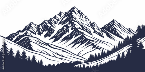 a mountain range with trees in the foreground Vector