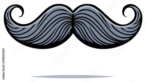 Stylized grey mustache with curled ends and distinct cartoonish linework, an iconic symbol against a clean isolated background