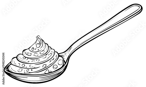Spoonful of Creamy Dip Topping or Icing Line Art Illustration
