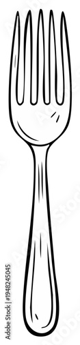 Hand-drawn illustration of a metal fork. Cutlery sketch with prongs and handle. Simple eating utensil illustration, isolated.