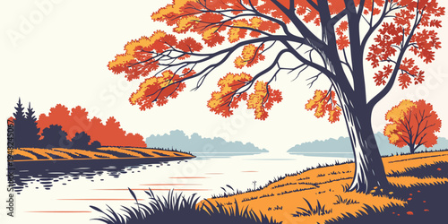 a tree with orange leaves by a lake Vector