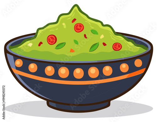 Fresh guacamole in a patterned bowl, flavorful dip with tomatoes and herbs.