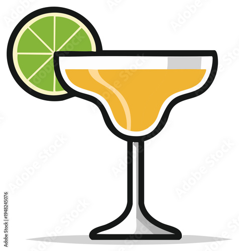 Margarita glass vector illustration with lime wedge garnish, colorful alcoholic cocktail drink with citrus fruit