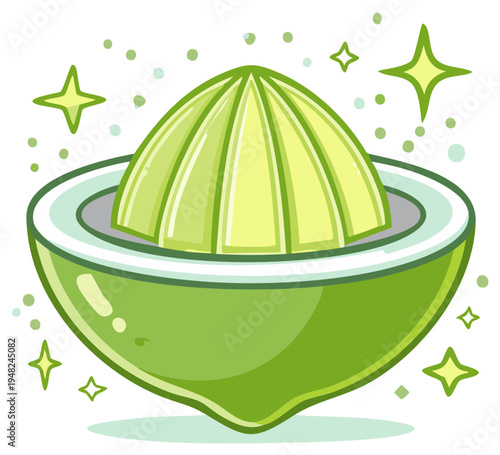 Vibrant cartoon lime juicer squeezing fresh citrus juice with playful sparkle elements illustration