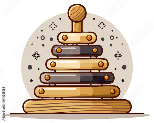 Cartoon illustration of a classic wooden stacking toy for children