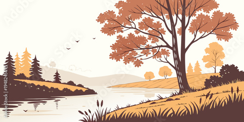 a tree by a river in an autumn landscape Vector