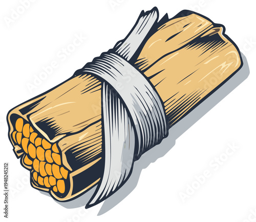 Savory Tamale Wrapped in Corn Husk Tied with White Cloth Traditional Cuisine Illustration