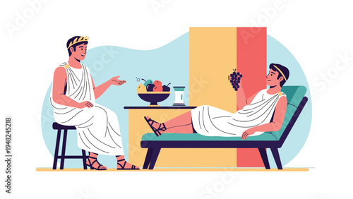 Two ancient roman men dressed in traditional white togas talking and relaxing while eating grapes and fruit in a colorful interior room.