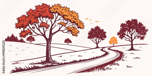 a dirt road lined with trees during autumn Vector