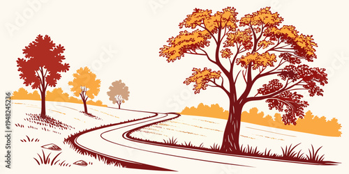 a dirt road winding through a landscape with trees Vector