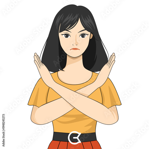 Young Asian woman crossing arms in X shape showing refusal or rejection, vector illustration isolated on white background.