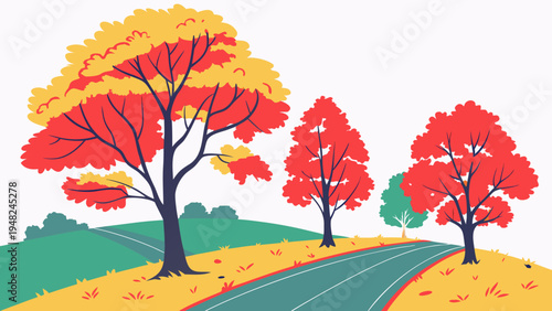 a colorful illustration of trees on a hill during autumn Vector