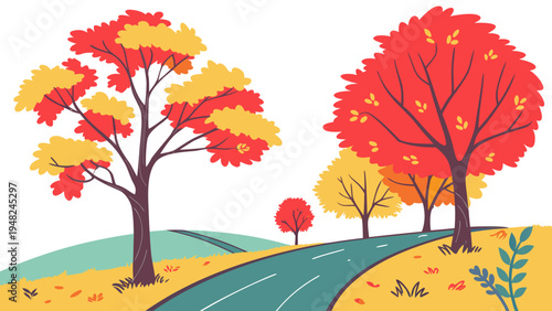 a cartoon illustration of a road with autumn trees Vector