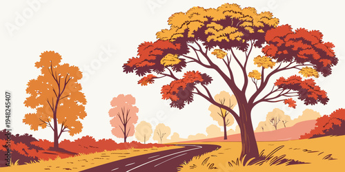 a large tree with yellow and red leaves stands beside a road Vector